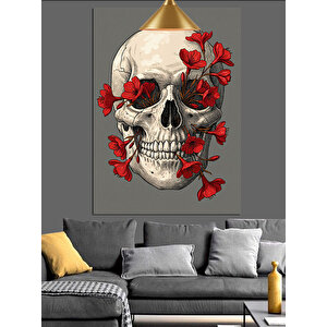 Beyaz Kuru Kafa Ve Kırmızı Çiçekler Gri Fon Dekoratif Kanvas - Mdf Ahşap Tablo 70x100 cm