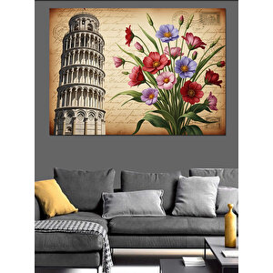 Eğik Pisa Kulesi Çiçekler Dekoratif Kanvas - Mdf Ahşap Tablo 70x100 cm
