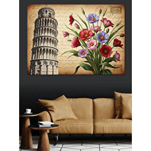 Eğik Pisa Kulesi Çiçekler Dekoratif Kanvas - Mdf Ahşap Tablo 70x100 cm