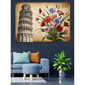 Eğik Pisa Kulesi Çiçekler Dekoratif Kanvas - Mdf Ahşap Tablo 70x100 cm