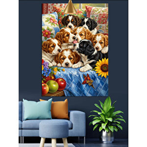 Çiçekli Neşeli Hayvanlar Topluluğu Dekoratif Kanvas - Mdf Ahşap Tablo 50x70 cm