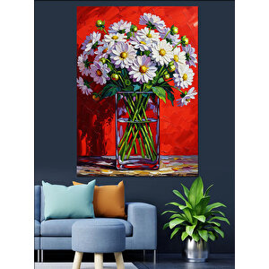 Beyaz Çiçekler Vazoda Buket Dekoratif Kanvas - Mdf Ahşap Tablo 100x140 cm