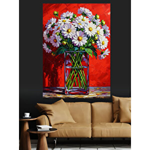 Beyaz Çiçekler Vazoda Buket Dekoratif Kanvas - Mdf Ahşap Tablo 100x140 cm