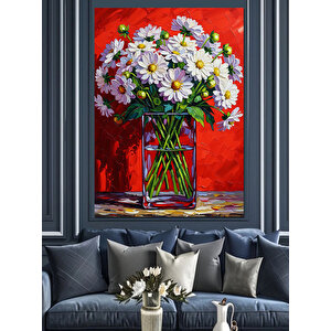Beyaz Çiçekler Vazoda Buket Dekoratif Kanvas - Mdf Ahşap Tablo 100x140 cm