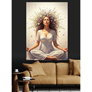 Meditasyon Yapan Çiçekli Kadın Dekoratif Kanvas - Mdf Ahşap Tablo 100x140 cm