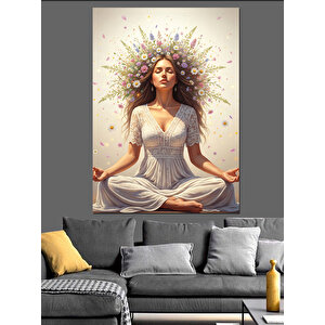 Meditasyon Yapan Çiçekli Kadın Dekoratif Kanvas - Mdf Ahşap Tablo 100x140 cm