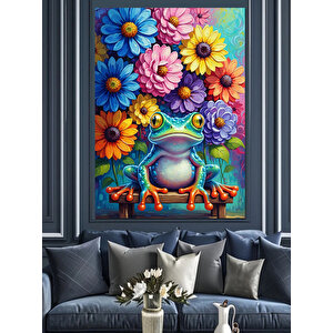 Çiçekler Arasında Renkli Kurbağa Dekoratif Kanvas - Mdf Ahşap Tablo 35x50 cm