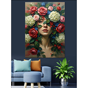 Renkli Çiçekler İçinde Güzel Kadın Yüzü Dekoratif Kanvas - Mdf Ahşap Tablo 25x35 cm