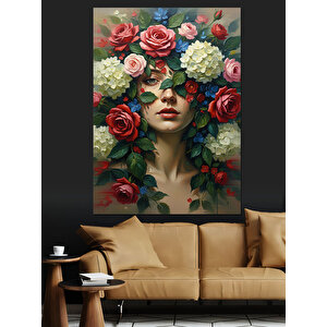 Renkli Çiçekler İçinde Güzel Kadın Yüzü Dekoratif Kanvas - Mdf Ahşap Tablo 25x35 cm