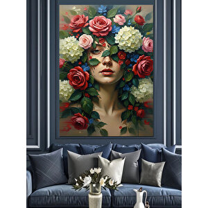 Renkli Çiçekler İçinde Güzel Kadın Yüzü Dekoratif Kanvas - Mdf Ahşap Tablo 25x35 cm
