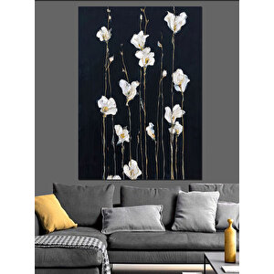 Siyah Çiçekli Dal Çizimi Dekoratif Kanvas - Mdf Ahşap Tablo 35x50 cm