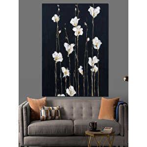 Siyah Çiçekli Dal Çizimi Dekoratif Kanvas - Mdf Ahşap Tablo 35x50 cm