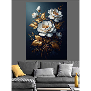 Altın Detaylı Beyaz Çiçekler Dekoratif Kanvas - Mdf Ahşap Tablo 70x100 cm