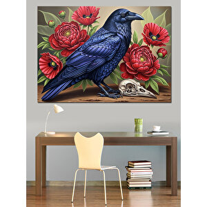 Kırmızı Çiçekler Ve Karga Dekoratif Kanvas - Mdf Ahşap Tablo 25x35 cm