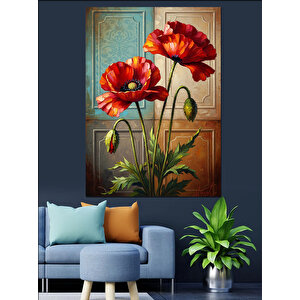 Vazoda Kırmızı Gelincik Çiçekleri Dekoratif Kanvas - Mdf Ahşap Tablo 100x140 cm