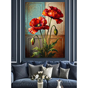 Vazoda Kırmızı Gelincik Çiçekleri Dekoratif Kanvas - Mdf Ahşap Tablo 100x140 cm