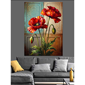 Vazoda Kırmızı Gelincik Çiçekleri Dekoratif Kanvas - Mdf Ahşap Tablo 100x140 cm