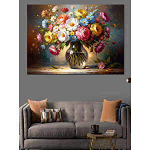 Vazoda Renkli Mevsim Çiçekleri Buketi Dekoratif Kanvas - Mdf Ahşap Tablo 70x100 cm