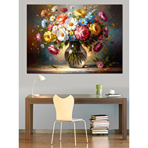 Vazoda Renkli Mevsim Çiçekleri Buketi Dekoratif Kanvas - Mdf Ahşap Tablo 70x100 cm