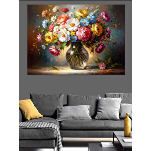 Vazoda Renkli Mevsim Çiçekleri Buketi Dekoratif Kanvas - Mdf Ahşap Tablo 70x100 cm