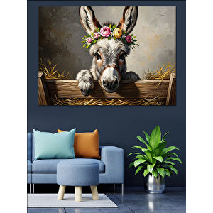 Başı Çiçekli Çitlerin Arkasındaki Eşek Dekoratif Kanvas - Mdf Ahşap Tablo 50x70 cm