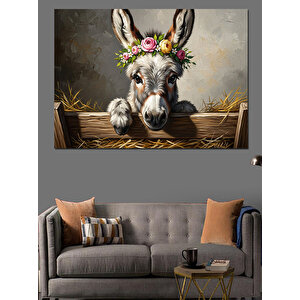 Başı Çiçekli Çitlerin Arkasındaki Eşek Dekoratif Kanvas - Mdf Ahşap Tablo 50x70 cm