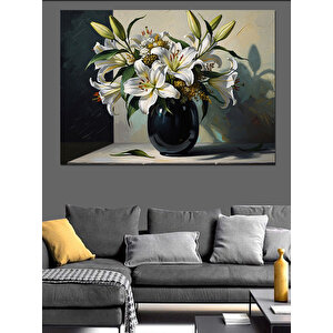 Vazo İçinde Beyaz Estetik Çiçekler Dekoratif Kanvas - Mdf Ahşap Tablo 50x70 cm