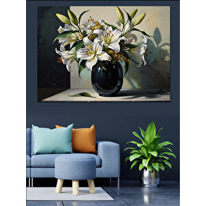 Vazo İçinde Beyaz Estetik Çiçekler Dekoratif Kanvas - Mdf Ahşap Tablo 50x70 cm