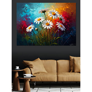 Çiçekler Arasında Beyaz Papatyalar Dekoratif Kanvas - Mdf Ahşap Tablo 70x100 cm