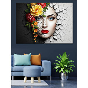 Çatlak Duvarda Çiçekli Kadın Portresi Dekoratif Kanvas - Mdf Ahşap Tablo 100x140 cm