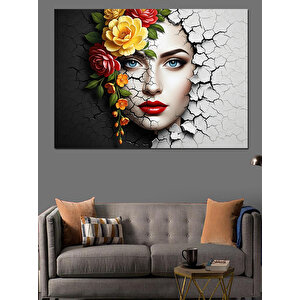 Çatlak Duvarda Çiçekli Kadın Portresi Dekoratif Kanvas - Mdf Ahşap Tablo 100x140 cm