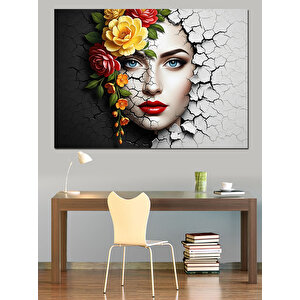 Çatlak Duvarda Çiçekli Kadın Portresi Dekoratif Kanvas - Mdf Ahşap Tablo 100x140 cm