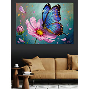 Kır Çiçekleri Ve Mavi Kelebek Dekoratif Kanvas - Mdf Ahşap Tablo 100x140 cm