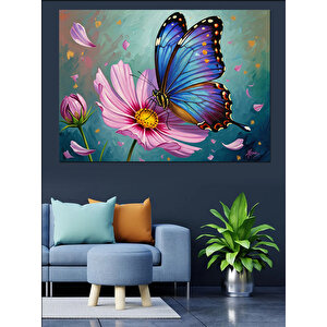 Kır Çiçekleri Ve Mavi Kelebek Dekoratif Kanvas - Mdf Ahşap Tablo 100x140 cm