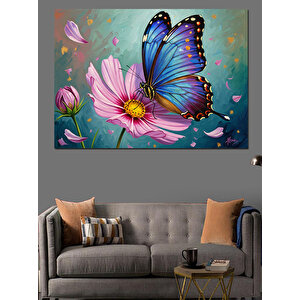 Kır Çiçekleri Ve Mavi Kelebek Dekoratif Kanvas - Mdf Ahşap Tablo 100x140 cm