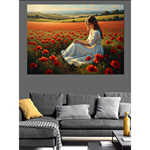 Kırmızı Çiçekler Arasında Oturan Kadın Dekoratif Kanvas - Mdf Ahşap Tablo 70x100 cm
