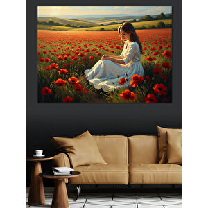 Kırmızı Çiçekler Arasında Oturan Kadın Dekoratif Kanvas - Mdf Ahşap Tablo 70x100 cm