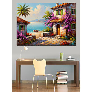 Çiçekli Balkon Ve Deniz Manzaralı Ev Dekoratif Kanvas - Mdf Ahşap Tablo 100x140 cm