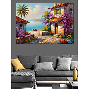 Çiçekli Balkon Ve Deniz Manzaralı Ev Dekoratif Kanvas - Mdf Ahşap Tablo 100x140 cm