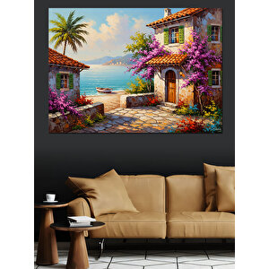 Çiçekli Balkon Ve Deniz Manzaralı Ev Dekoratif Kanvas - Mdf Ahşap Tablo 100x140 cm