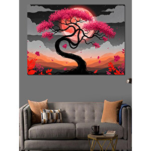 Pembe Çiçekli Estetik Japon Ağacı Dekoratif Kanvas - Mdf Ahşap Tablo 100x140 cm
