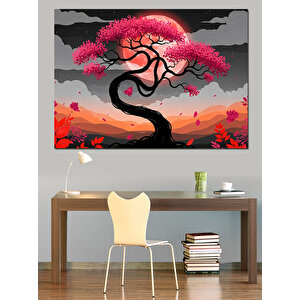 Pembe Çiçekli Estetik Japon Ağacı Dekoratif Kanvas - Mdf Ahşap Tablo 100x140 cm