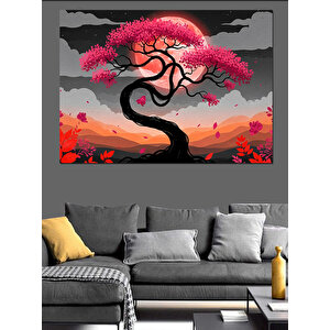 Pembe Çiçekli Estetik Japon Ağacı Dekoratif Kanvas - Mdf Ahşap Tablo 100x140 cm