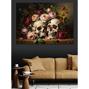 Çiçekli Kuru Kafalar Natürmort Tablo Dekoratif Kanvas - Mdf Ahşap Tablo 50x70 cm