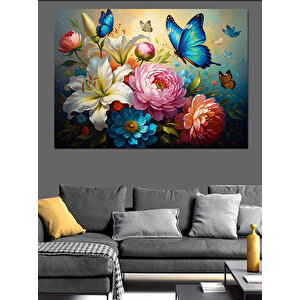 Mavi Kelebekler Ve Bahar Çiçekleri Dekoratif Kanvas - Mdf Ahşap Tablo 70x100 cm
