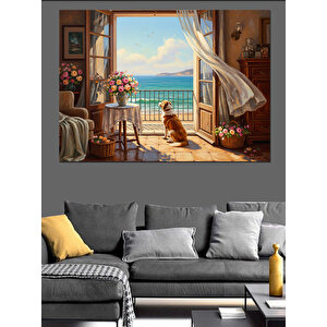Deniz Manzaralı Pencere Ve Çiçekler Dekoratif Kanvas - Mdf Ahşap Tablo 100x140 cm