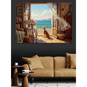 Deniz Manzaralı Pencere Ve Çiçekler Dekoratif Kanvas - Mdf Ahşap Tablo 100x140 cm