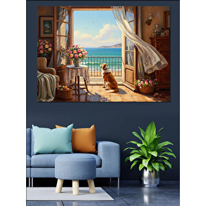 Deniz Manzaralı Pencere Ve Çiçekler Dekoratif Kanvas - Mdf Ahşap Tablo 100x140 cm