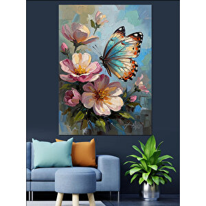 Kelebekli Ve Pembe Çiçekli Buket Dekoratif Kanvas - Mdf Ahşap Tablo 70x100 cm