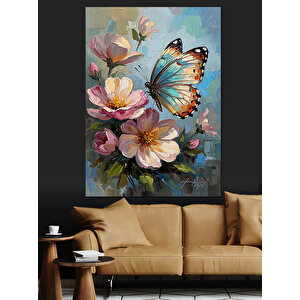 Kelebekli Ve Pembe Çiçekli Buket Dekoratif Kanvas - Mdf Ahşap Tablo 70x100 cm